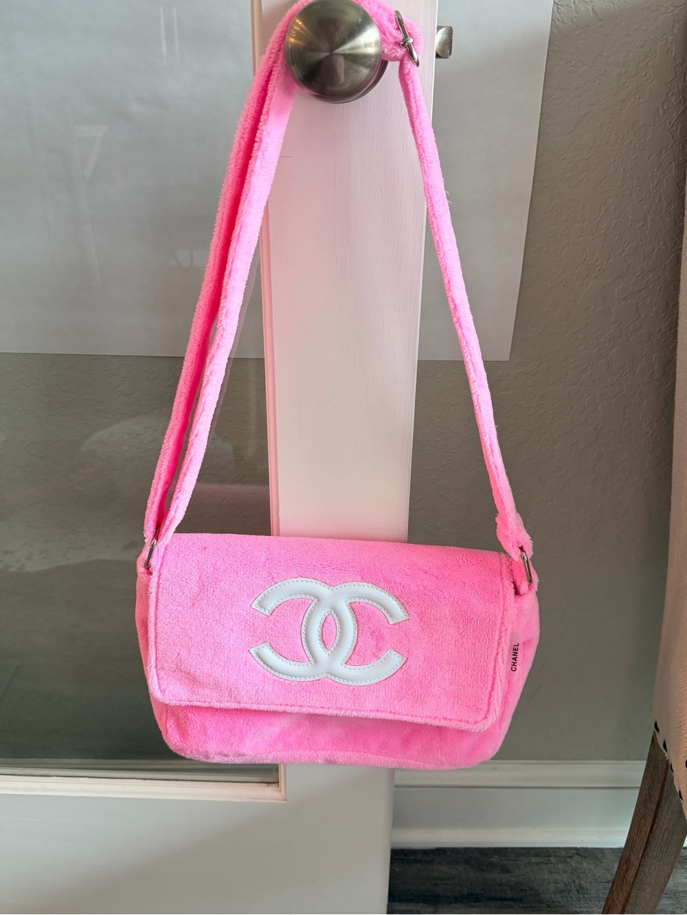 CHANEL Pink Terry Cloth Shoulder Bag with White CC Logo